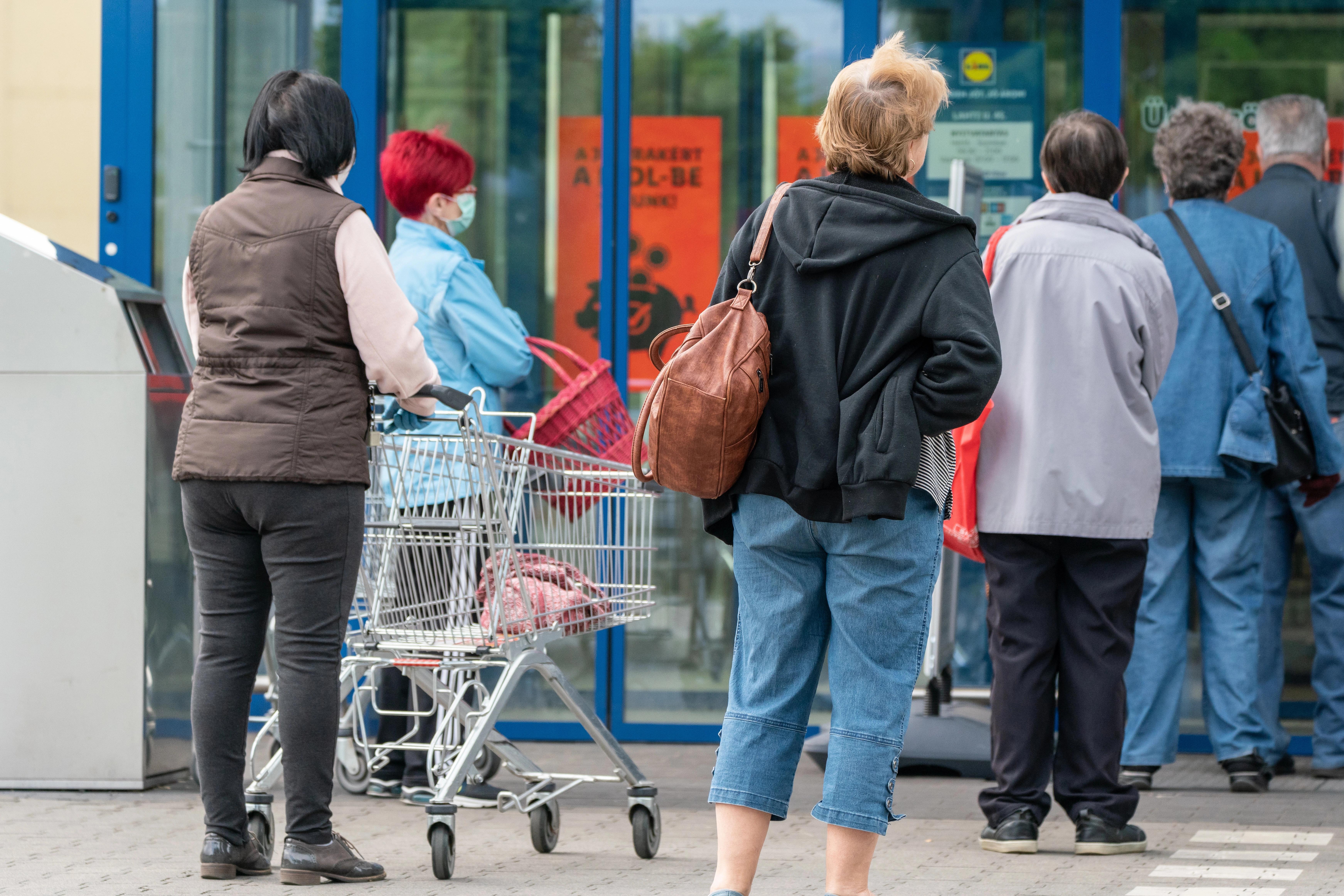 Lidé s košíky a nákupními vozíky stojí ve frontě před vchodem do obchodu