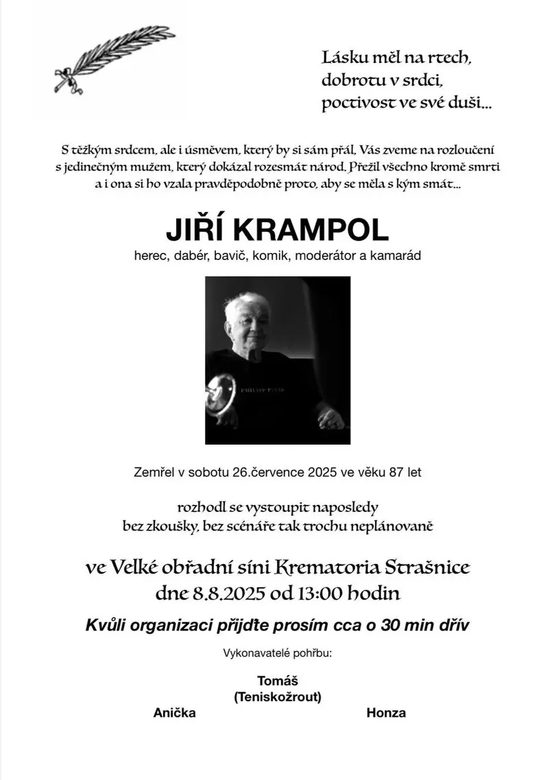 Smuteční oznámení s černobílou fotografií Jiřího Krampola uprostřed