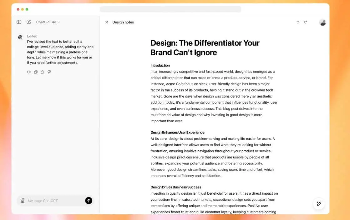 Screenshot poznámek o designu s textem "Design: The Differentiator Your Brand Can’t Ignore", obsahující návrh od ChatGPT k úpravám.
