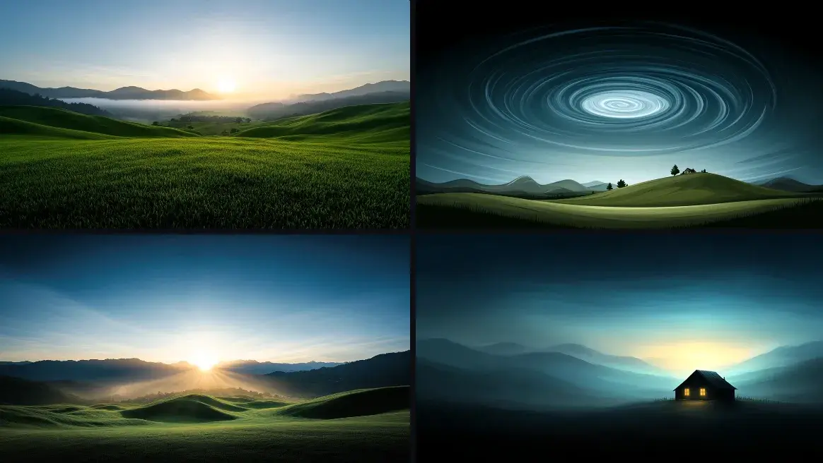 Čtyři různé krajinné scenérie zahrnující západ slunce, noční oblohu a osamělý domek s rozsvícenými světly