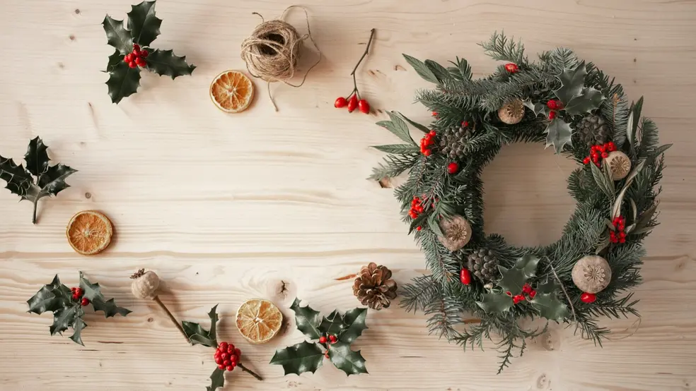 Adventní věnec s jehličím, sušenými pomeranči a červenými bobulemi na dřevěném stole