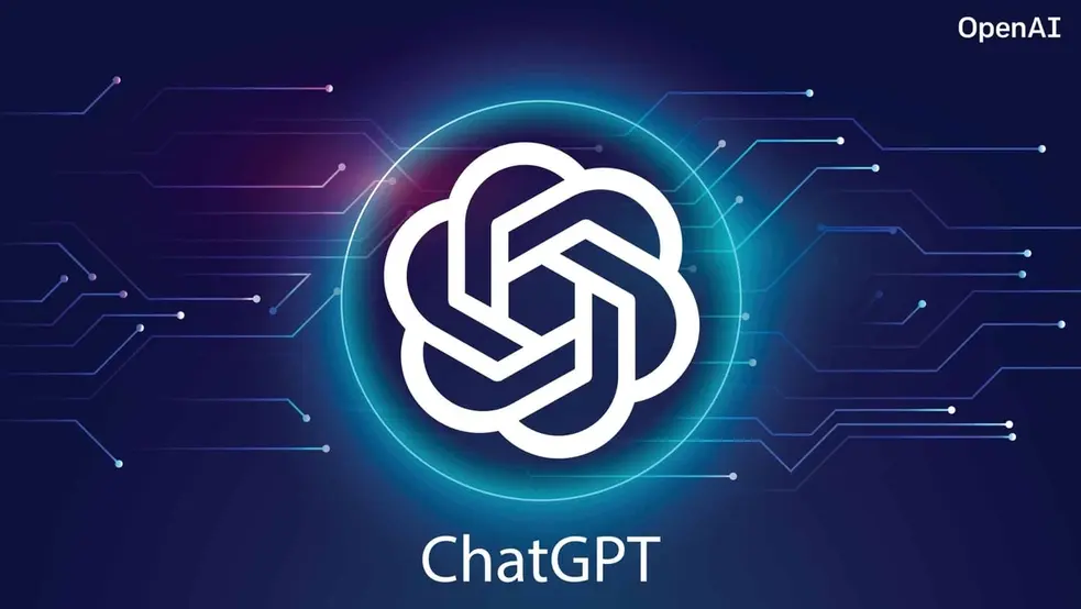 Logo ChatGPT od OpenAI na futuristickém technologickém pozadí.
